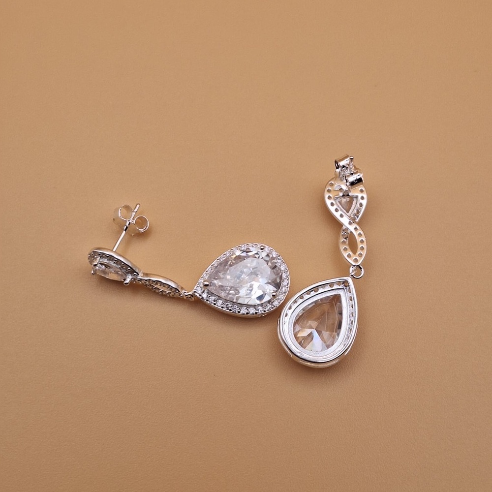 Silver Halo Stud Earrings with Pear-Shaped Gemstone